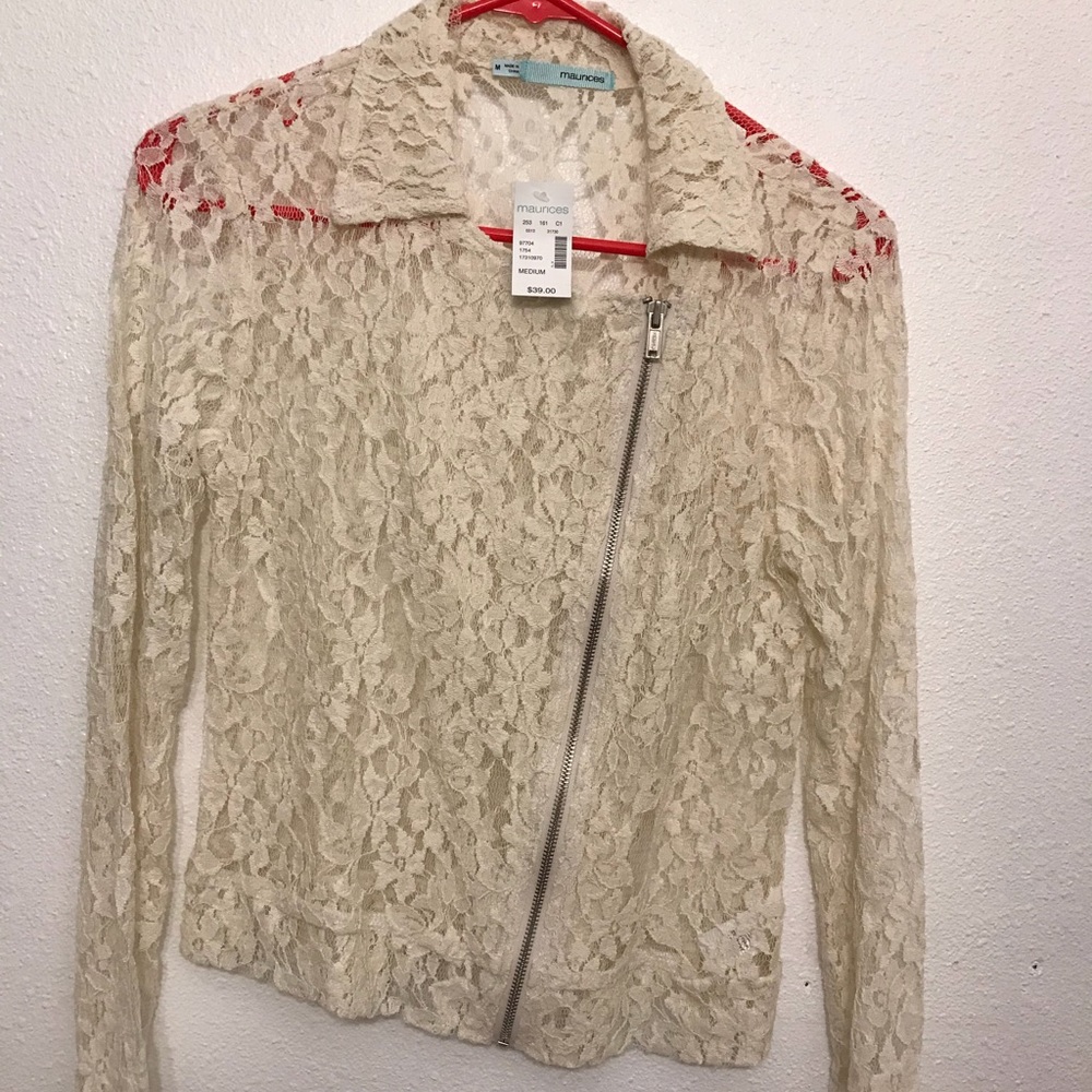 Cream lace moto side zip jacket